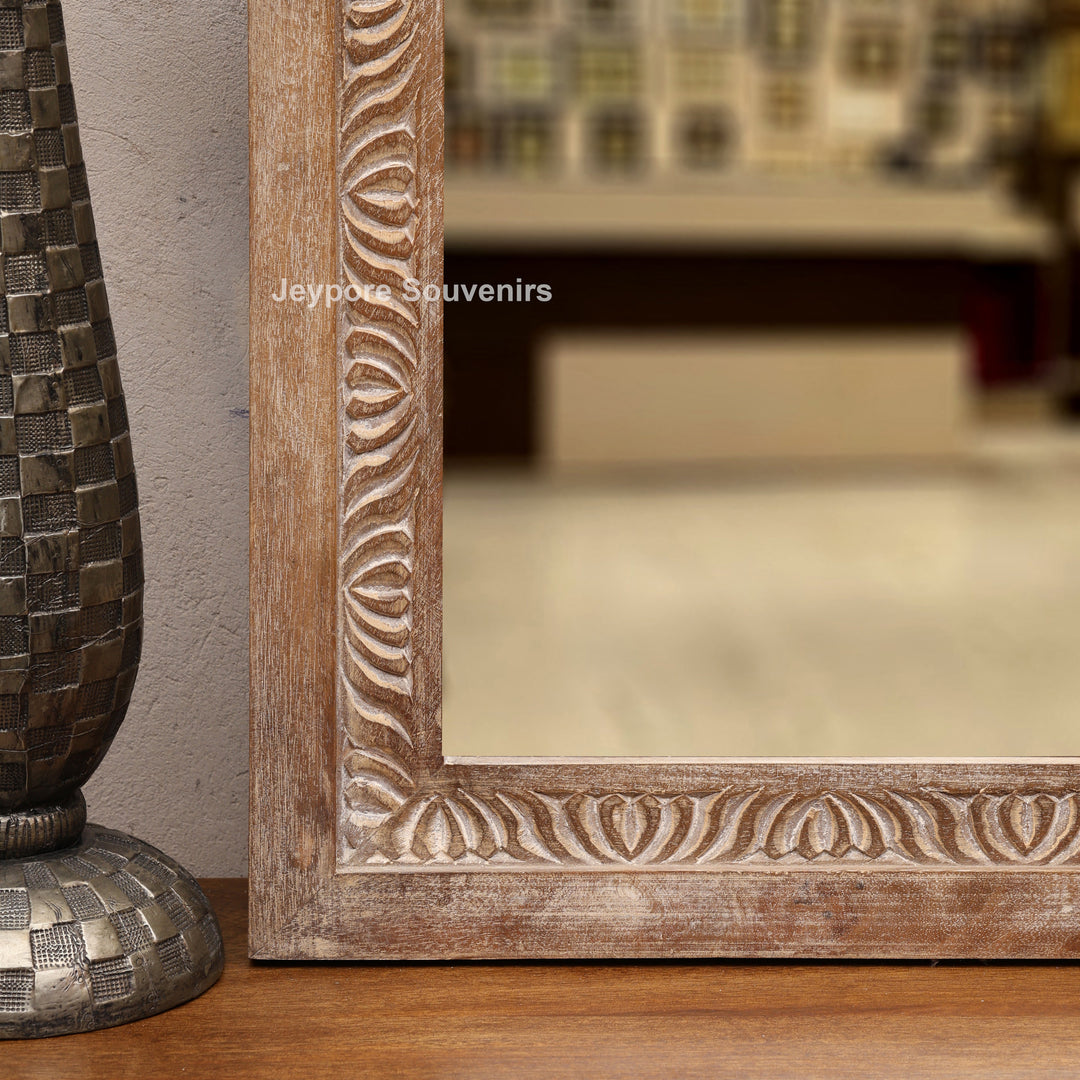 Hand-Carved Wooden Jharokha Wall Mirror with Intricate Rajasthani Arch Design