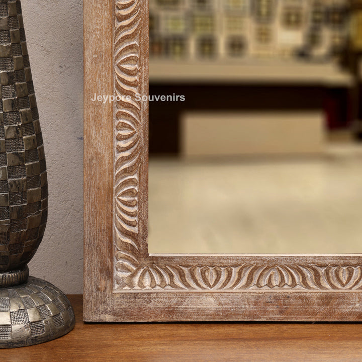 Hand-Carved Wooden Jharokha Wall Mirror with Intricate Rajasthani Arch Design