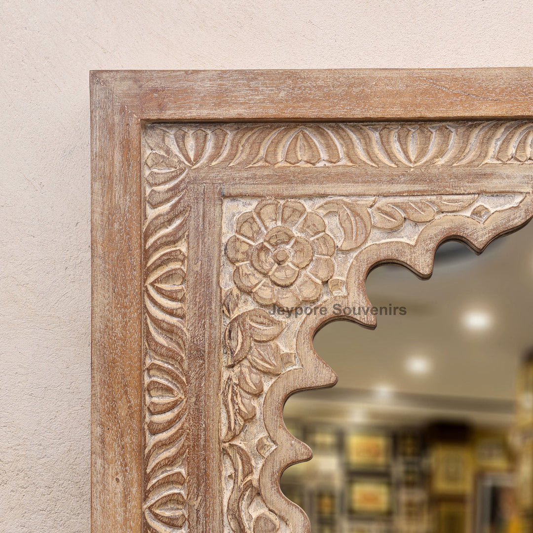 Hand-Carved Wooden Jharokha Wall Mirror with Intricate Rajasthani Arch Design