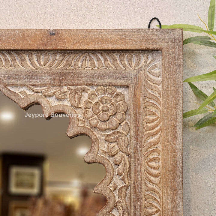 Hand-Carved Wooden Jharokha Wall Mirror with Intricate Rajasthani Arch Design