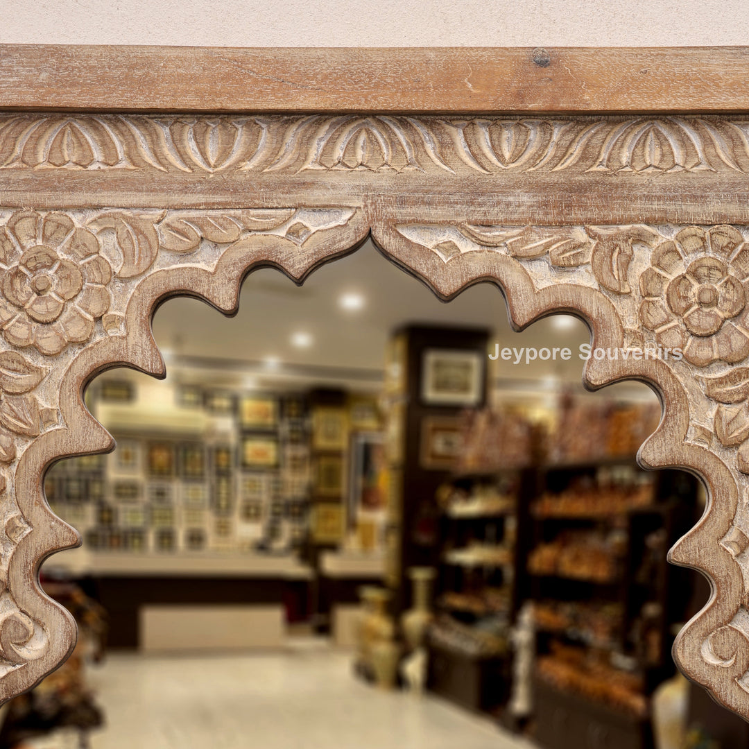 Hand-Carved Wooden Jharokha Wall Mirror with Intricate Rajasthani Arch Design