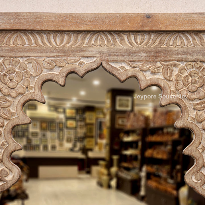 Hand-Carved Wooden Jharokha Wall Mirror with Intricate Rajasthani Arch Design