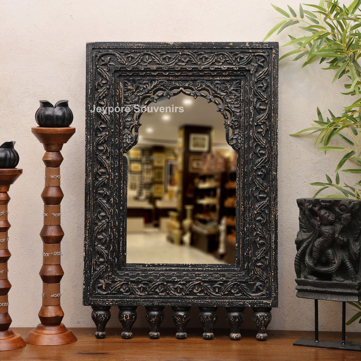 Hand-Carved Black Wooden Jharokha Wall Mirror