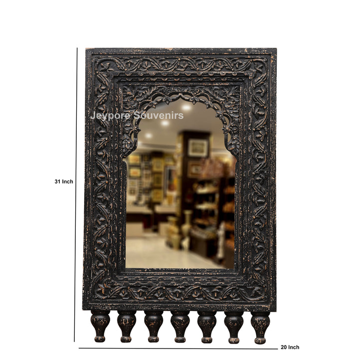 Hand-Carved Black Wooden Jharokha Wall Mirror