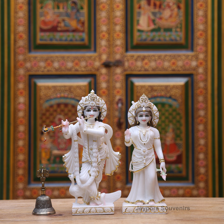 12" Pure White Marble Radha Krishna Statue with Gold Leaf Work