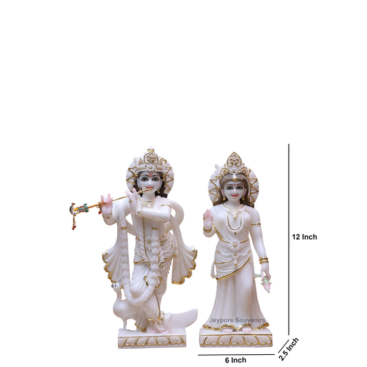 12" Pure White Marble Radha Krishna Statue with Gold Leaf Work