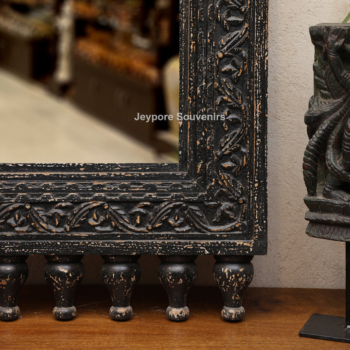 Hand-Carved Black Wooden Jharokha Wall Mirror