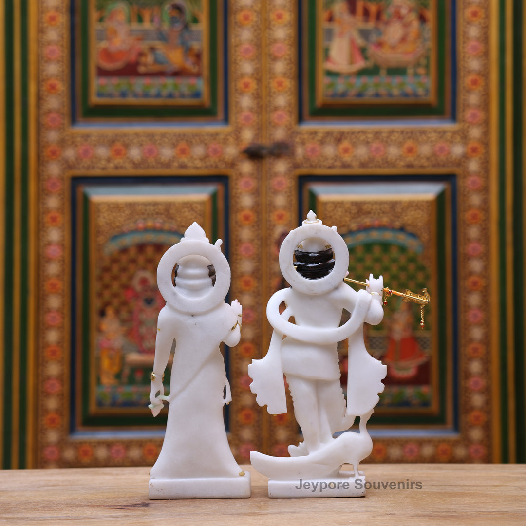 12" Pure White Marble Radha Krishna Statue with Gold Leaf Work