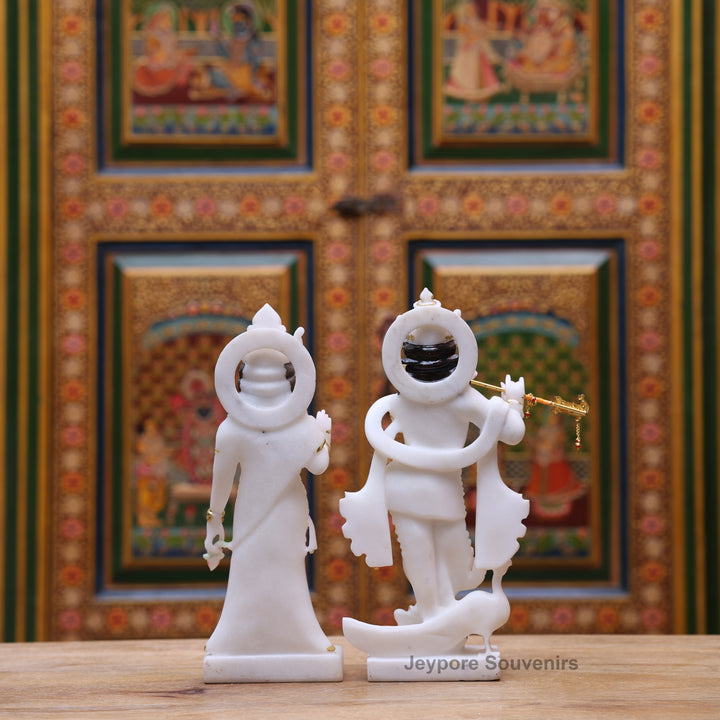 12" Pure White Marble Radha Krishna Statue with Gold Leaf Work