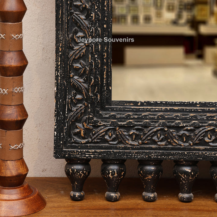 Hand-Carved Black Wooden Jharokha Wall Mirror