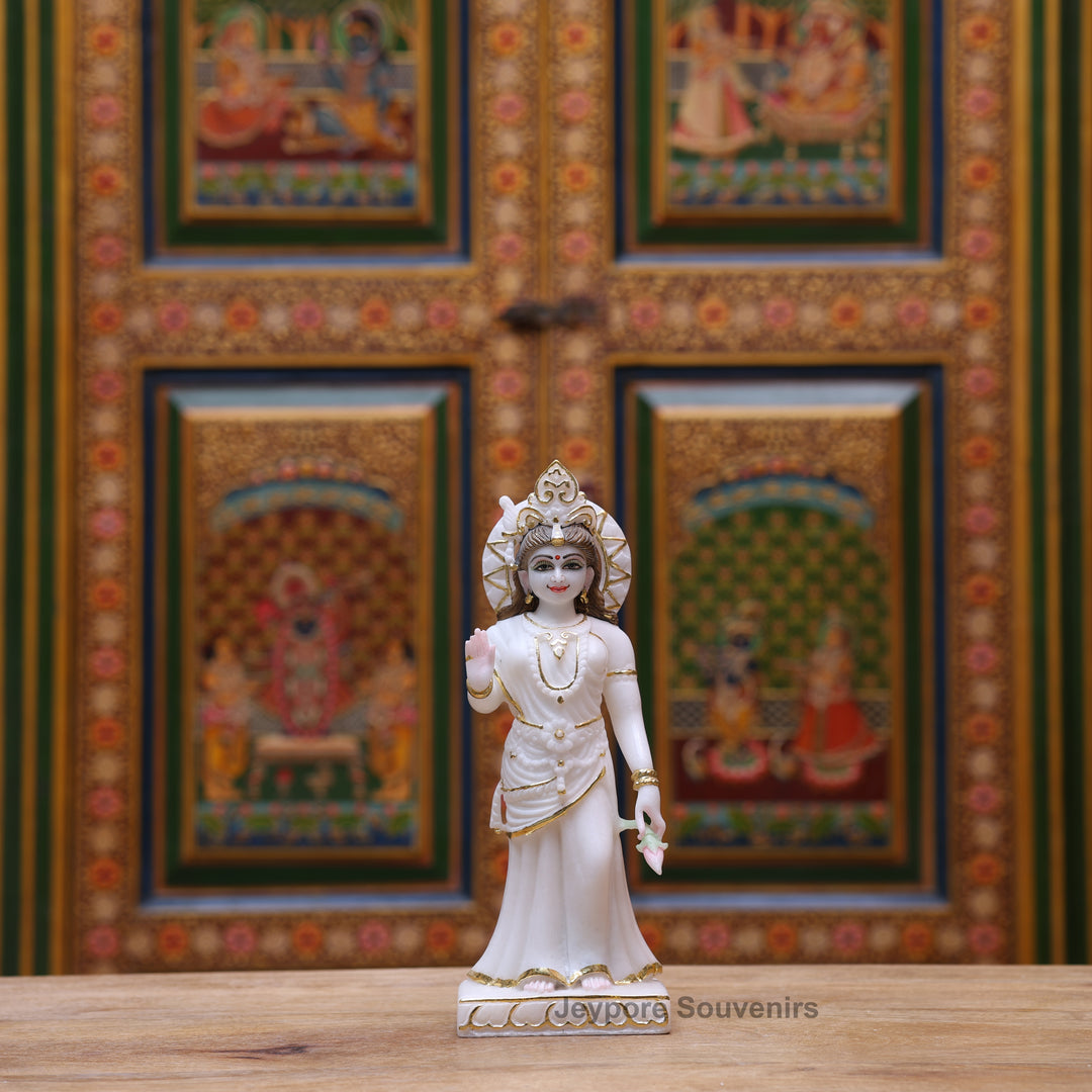 12" Pure White Marble Radha Krishna Statue with Gold Leaf Work