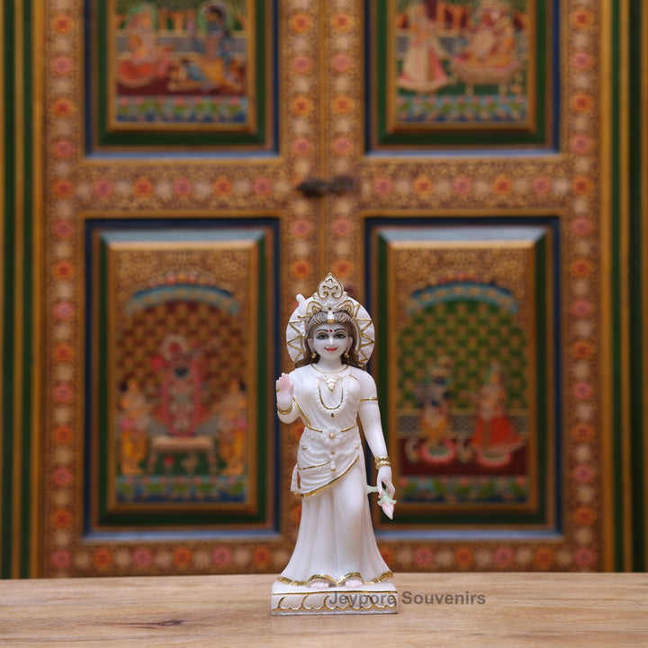 12" Pure White Marble Radha Krishna Statue with Gold Leaf Work