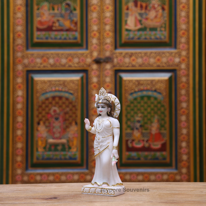 12" Pure White Marble Radha Krishna Statue with Gold Leaf Work