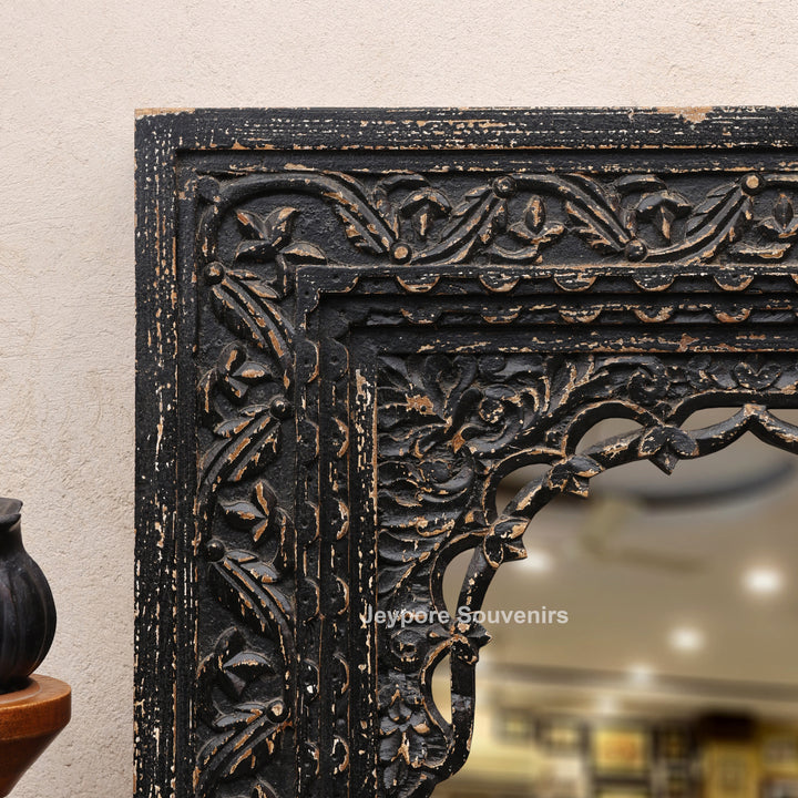 Hand-Carved Black Wooden Jharokha Wall Mirror