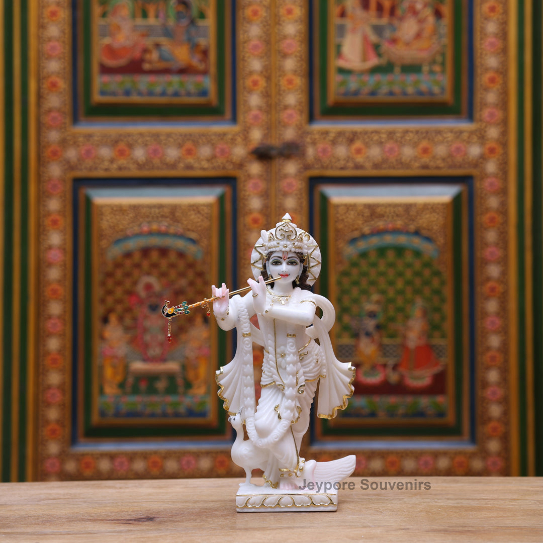 12" Pure White Marble Radha Krishna Statue with Gold Leaf Work