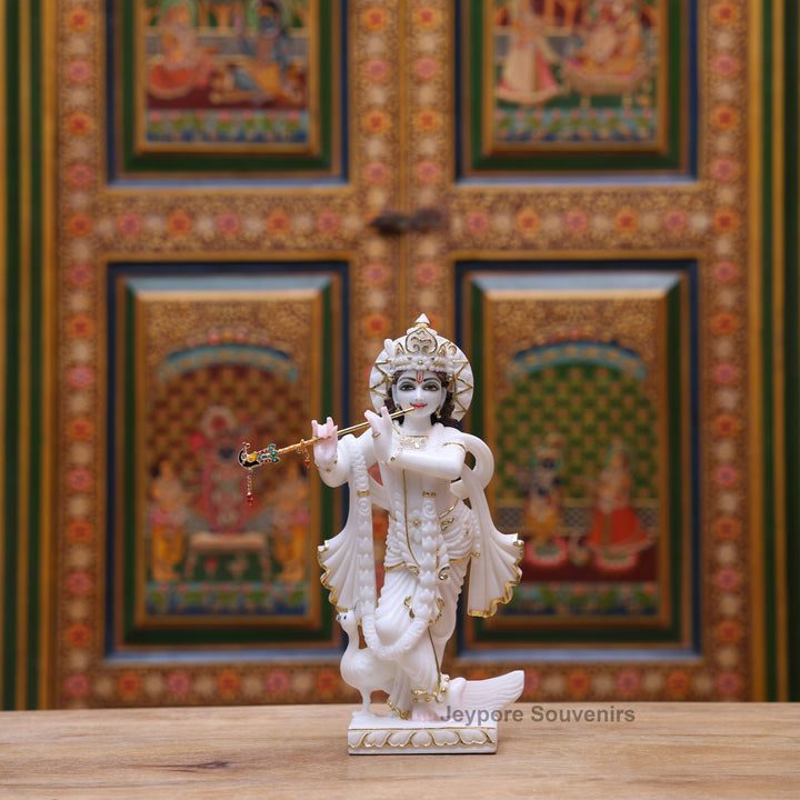 12" Pure White Marble Radha Krishna Statue with Gold Leaf Work