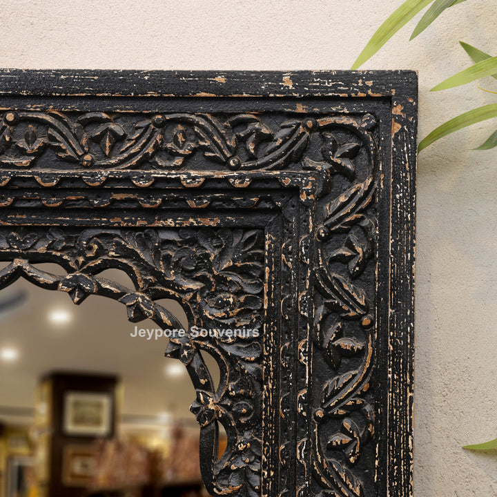 Hand-Carved Black Wooden Jharokha Wall Mirror