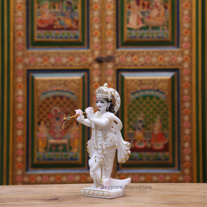 12" Pure White Marble Radha Krishna Statue with Gold Leaf Work