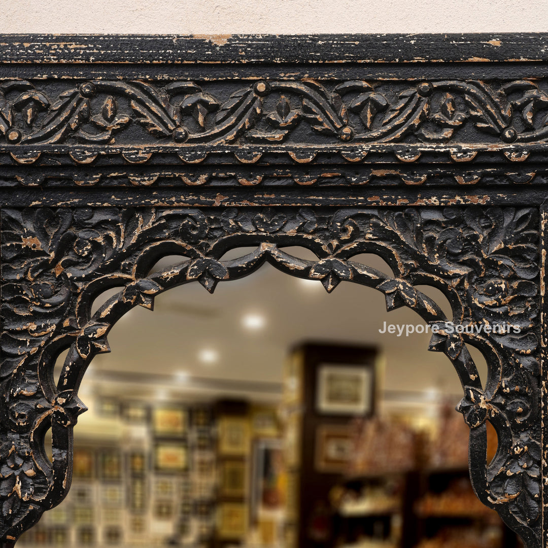 Hand-Carved Black Wooden Jharokha Wall Mirror