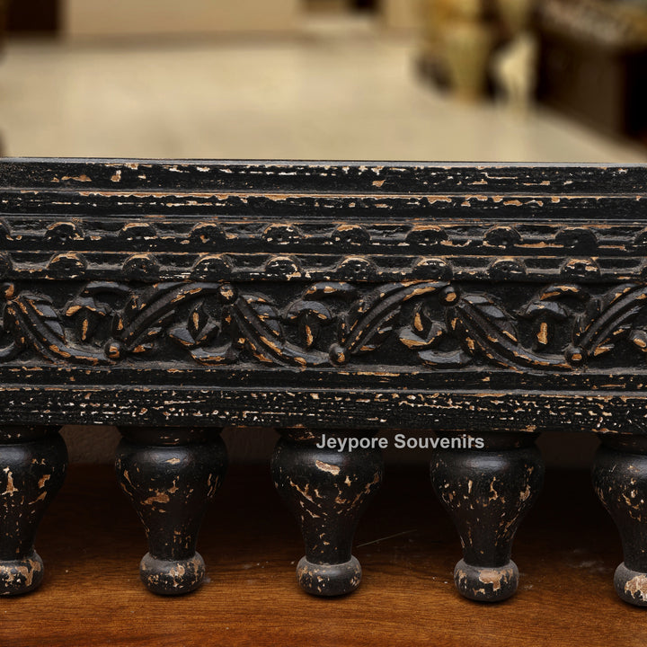 Hand-Carved Black Wooden Jharokha Wall Mirror