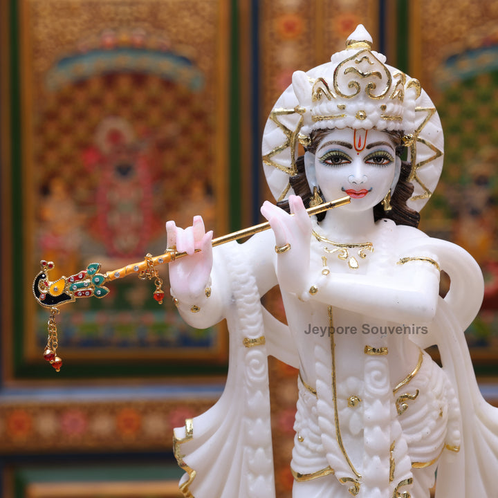 12" Pure White Marble Radha Krishna Statue with Gold Leaf Work