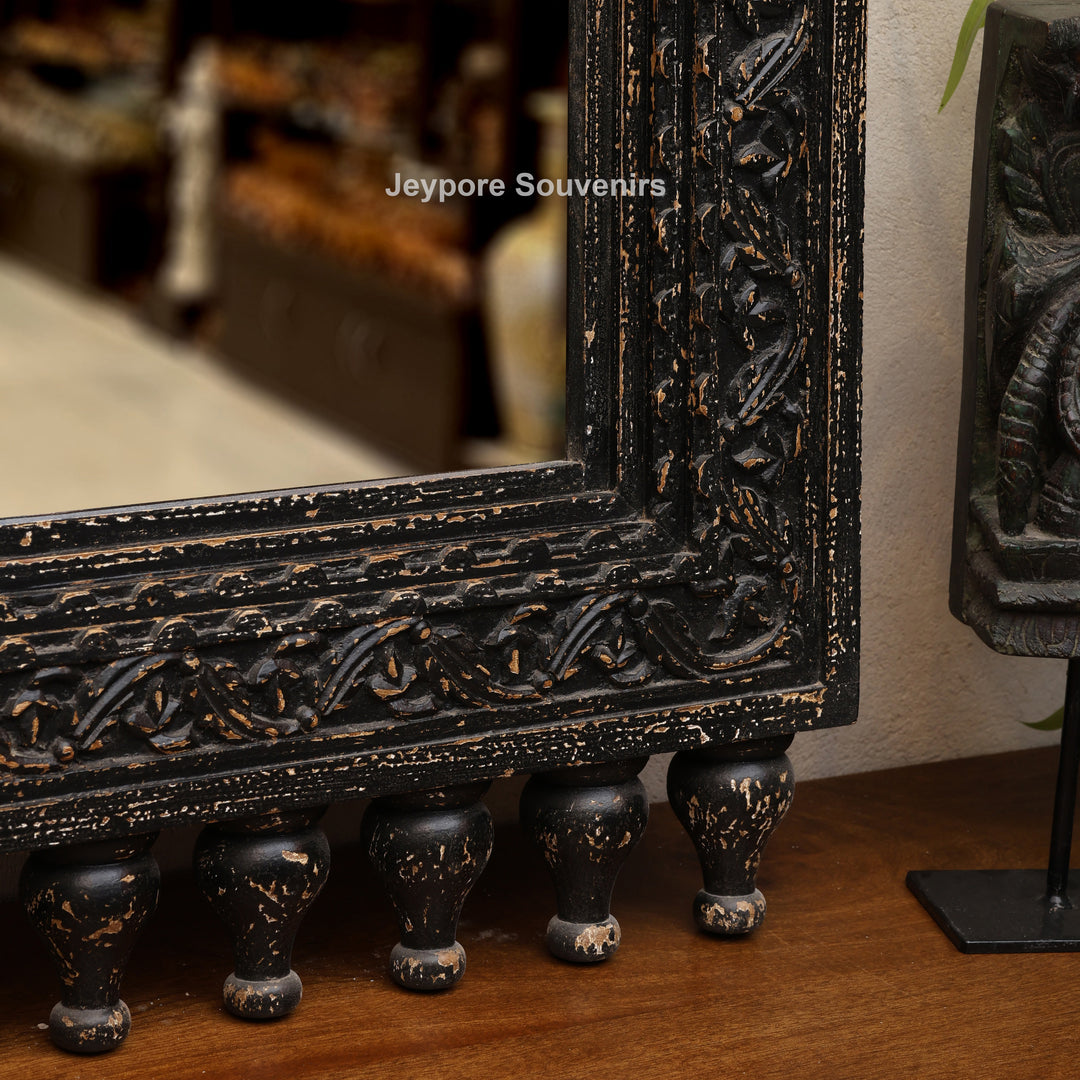 Hand-Carved Black Wooden Jharokha Wall Mirror