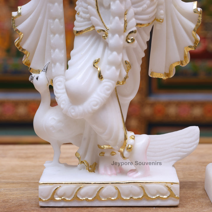 12" Pure White Marble Radha Krishna Statue with Gold Leaf Work