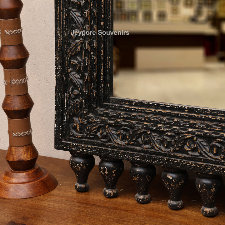 Hand-Carved Black Wooden Jharokha Wall Mirror