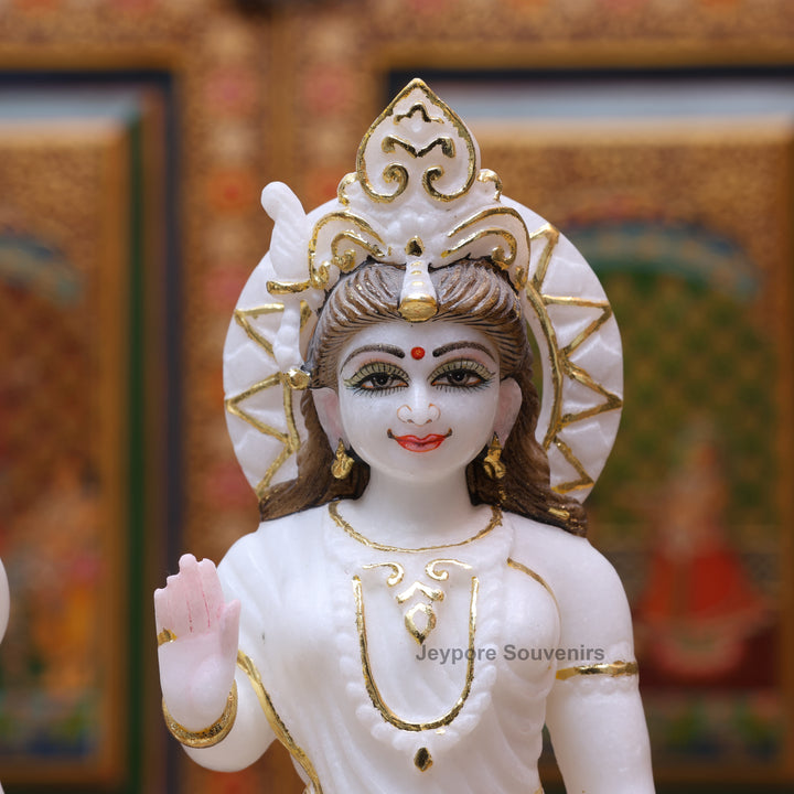 12" Pure White Marble Radha Krishna Statue with Gold Leaf Work