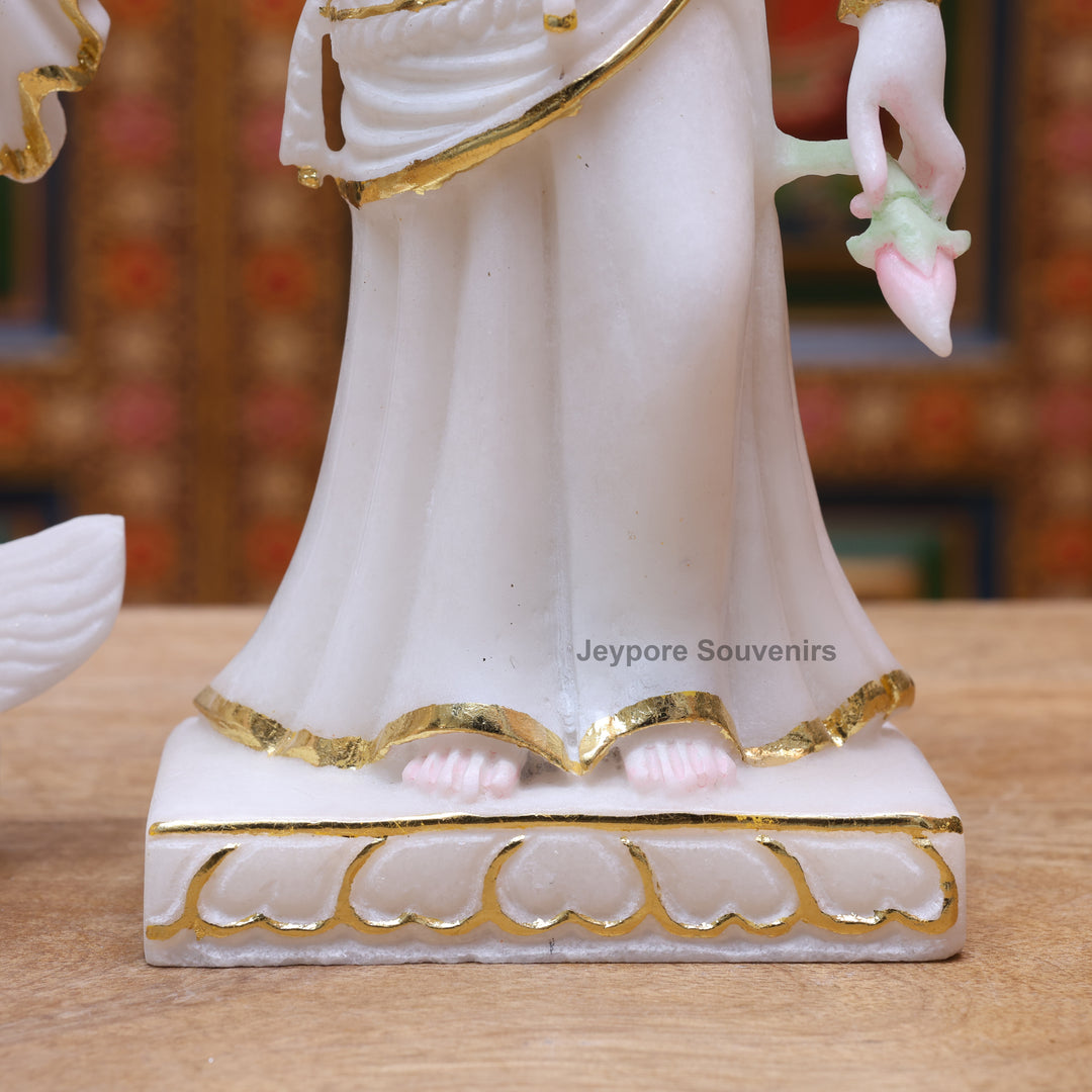 12" Pure White Marble Radha Krishna Statue with Gold Leaf Work