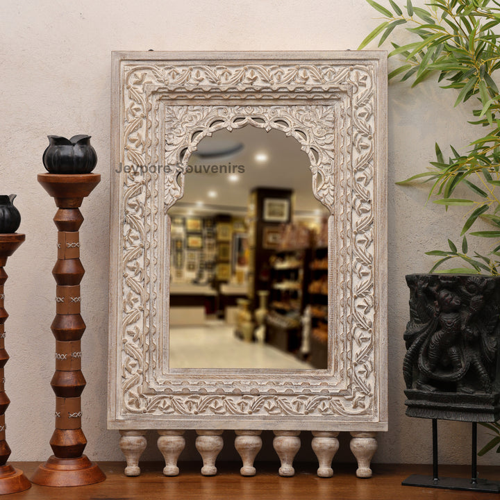 Hand-Carved Vintage Indian Wooden Jharokha Wall Mirror