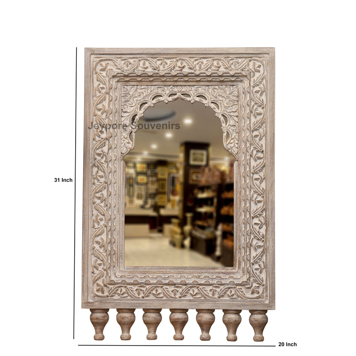 Hand-Carved Vintage Indian Wooden Jharokha Wall Mirror