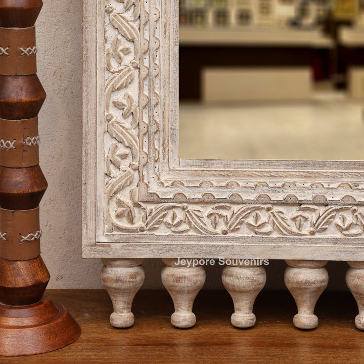 Hand-Carved Vintage Indian Wooden Jharokha Wall Mirror