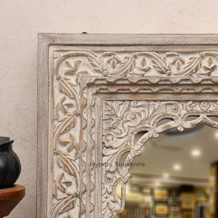 Hand-Carved Vintage Indian Wooden Jharokha Wall Mirror