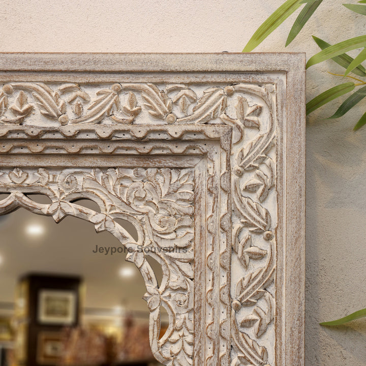 Hand-Carved Vintage Indian Wooden Jharokha Wall Mirror
