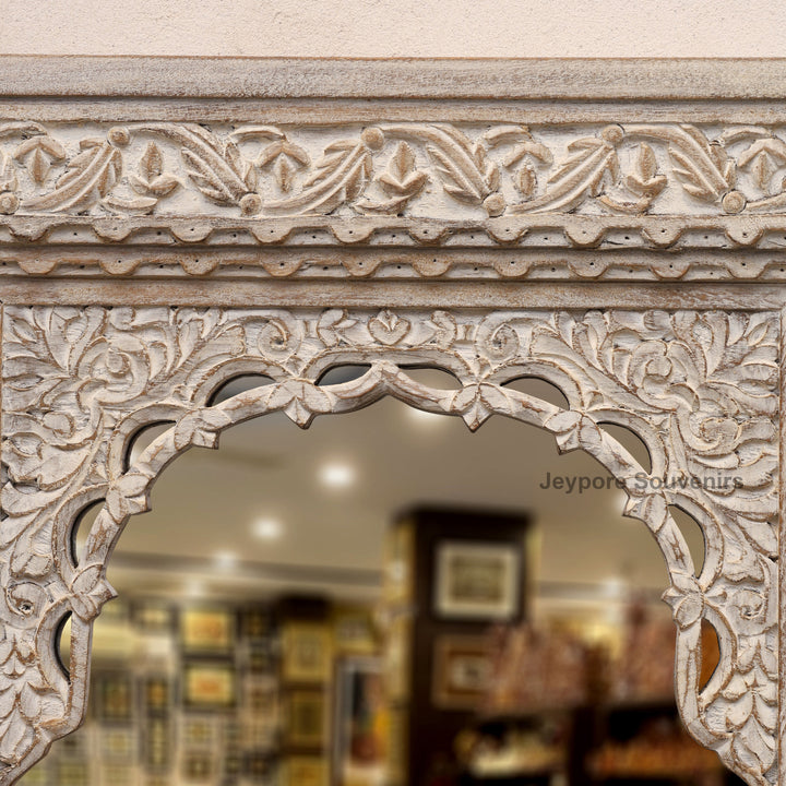 Hand-Carved Vintage Indian Wooden Jharokha Wall Mirror