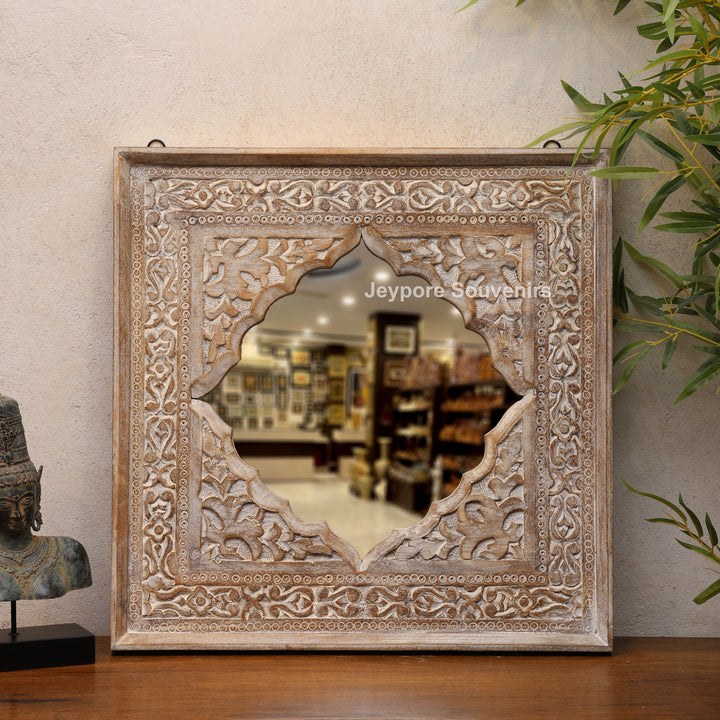 Hand-Carved Wooden Jharokha Wall Mirror with Floral Arch