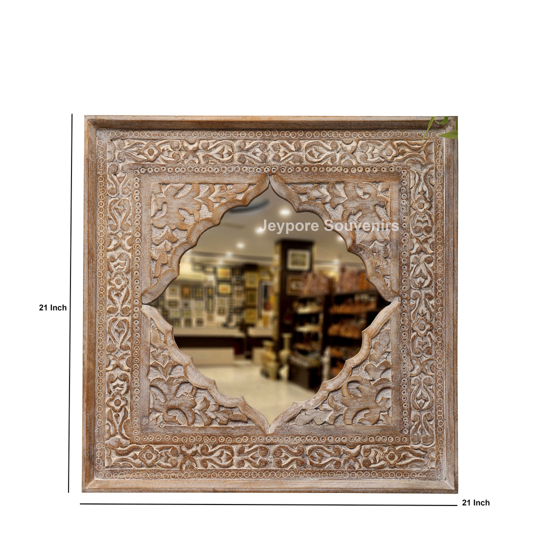 Hand-Carved Wooden Jharokha Wall Mirror with Floral Arch