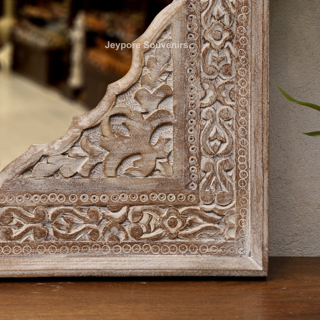 Hand-Carved Wooden Jharokha Wall Mirror with Floral Arch