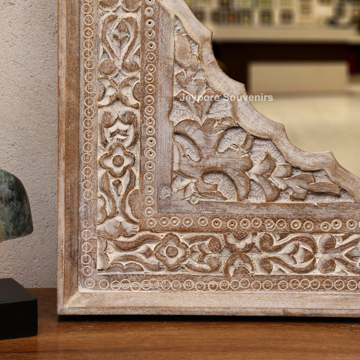 Hand-Carved Wooden Jharokha Wall Mirror with Floral Arch