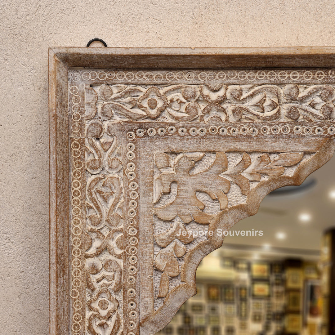 Hand-Carved Wooden Jharokha Wall Mirror with Floral Arch