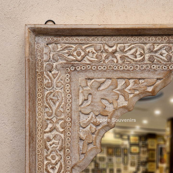 Hand-Carved Wooden Jharokha Wall Mirror with Floral Arch