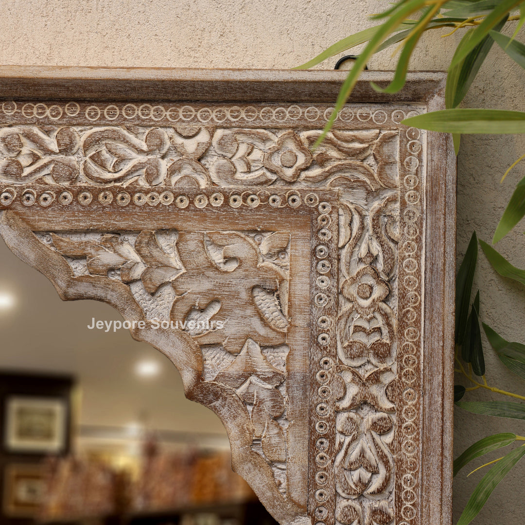 Hand-Carved Wooden Jharokha Wall Mirror with Floral Arch