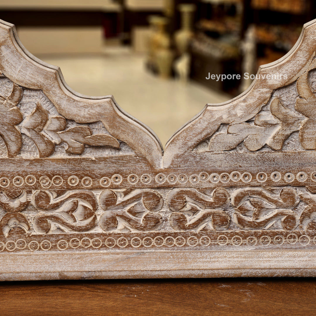 Hand-Carved Wooden Jharokha Wall Mirror with Floral Arch