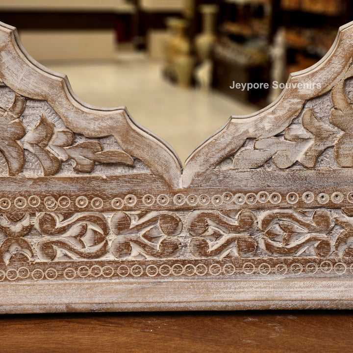 Hand-Carved Wooden Jharokha Wall Mirror with Floral Arch