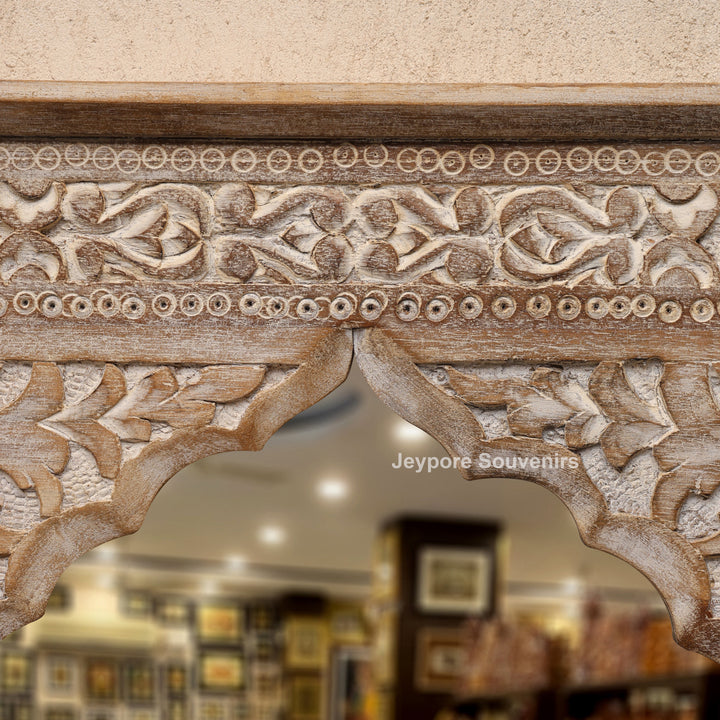 Hand-Carved Wooden Jharokha Wall Mirror with Floral Arch