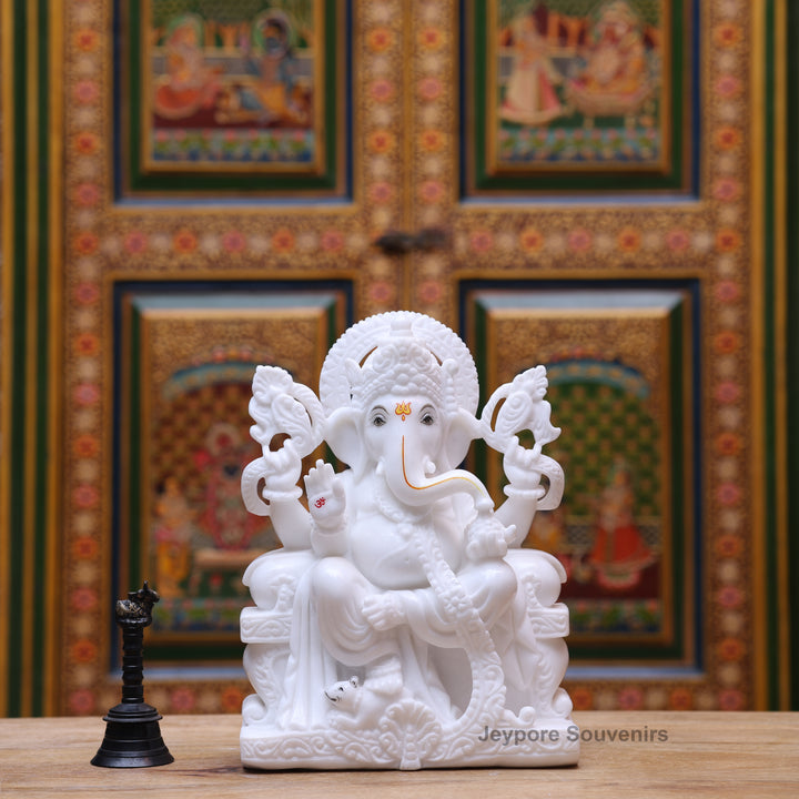 12" Pure White Marble Lord Ganesha Statue