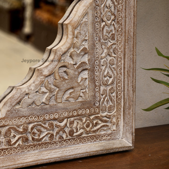 Hand-Carved Wooden Jharokha Wall Mirror with Floral Arch