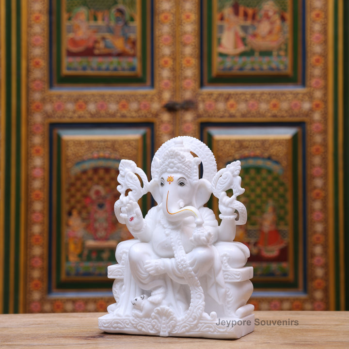 12" Pure White Marble Lord Ganesha Statue
