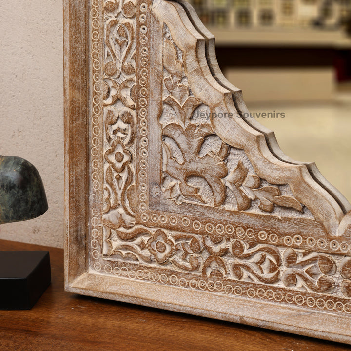 Hand-Carved Wooden Jharokha Wall Mirror with Floral Arch